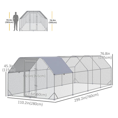Chicken Run, Galvanized Large Metal Chicken Coop Cage, Walk-in Enclosure Poultry Hen Run House Playpen Rabbit Hutch with Flat Roof, Cover, 9.2' x 24.9' x 6.5', Silver