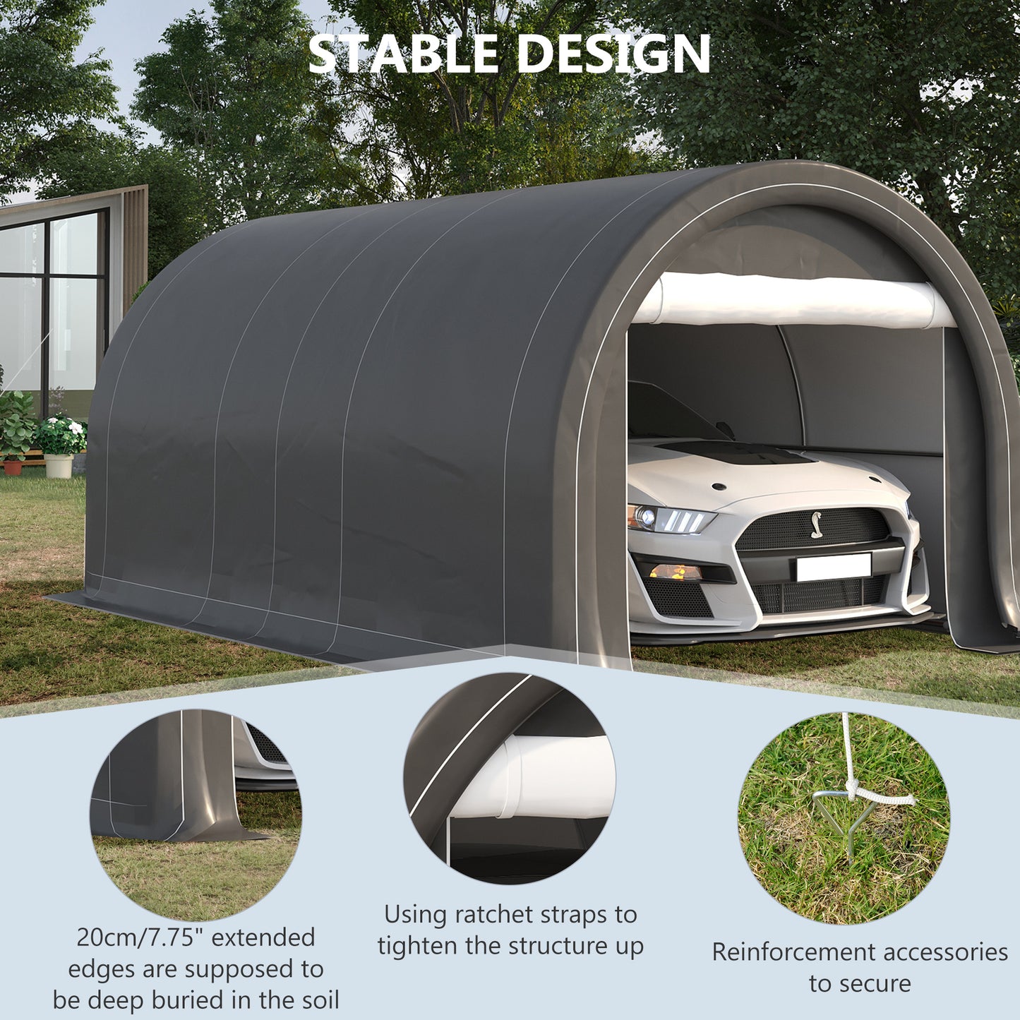 10' x 16' Heavy Duty Portable Carport Tent with Zippered Door, PE Cover for Car, Boat, Motorcycle, Bike, Grey