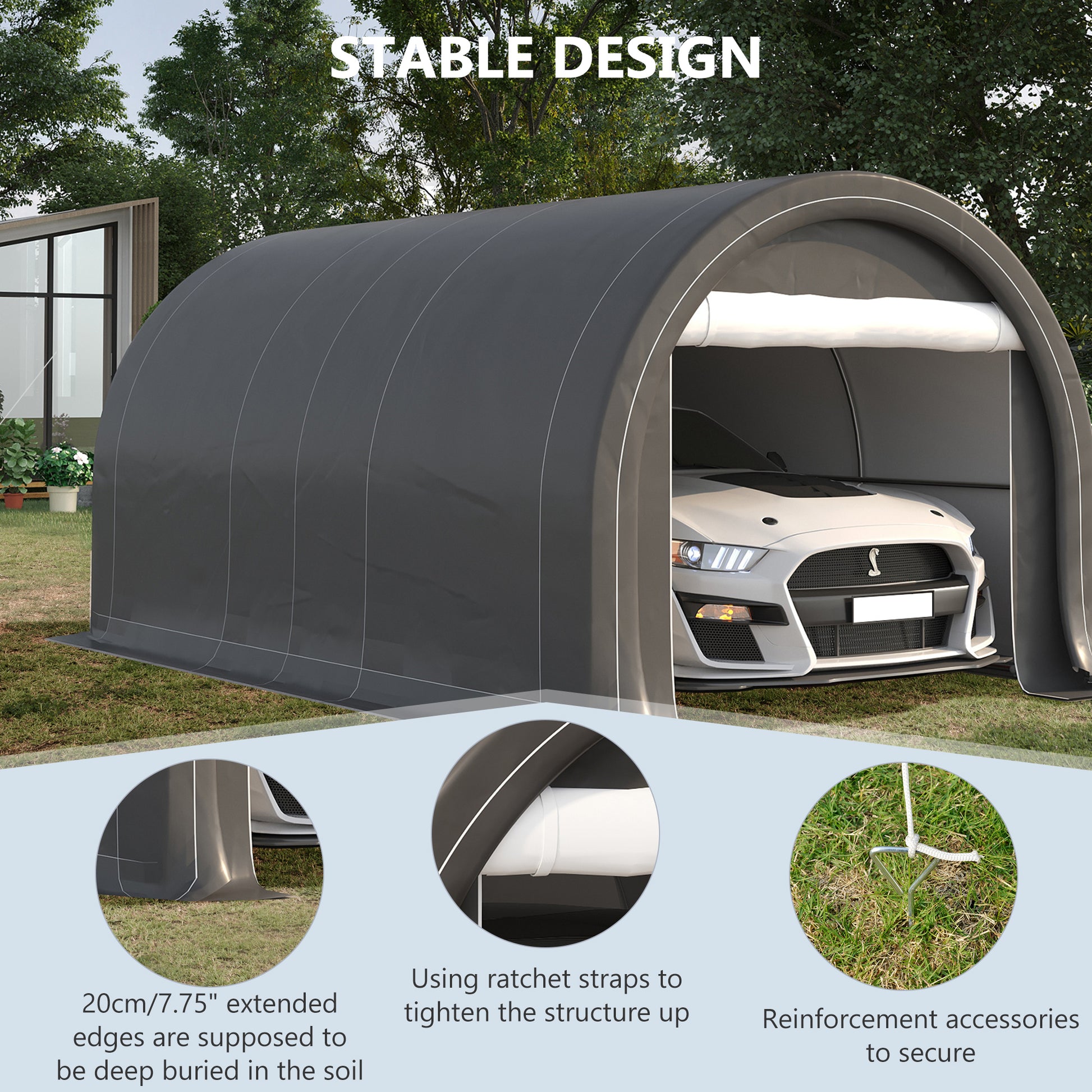 10' x 16' Heavy Duty Portable Carport Tent with Zippered Door, PE Cover for Car, Boat, Motorcycle, Bike, Grey