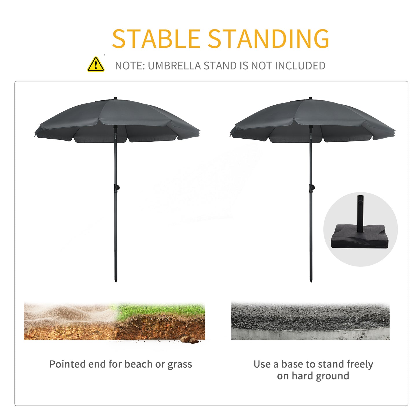 6ft Beach Umbrella, Outdoor Sun Shade Parasol with Push Button Tilt, Ruffled UV50+ Vented Canopy, Dark Grey