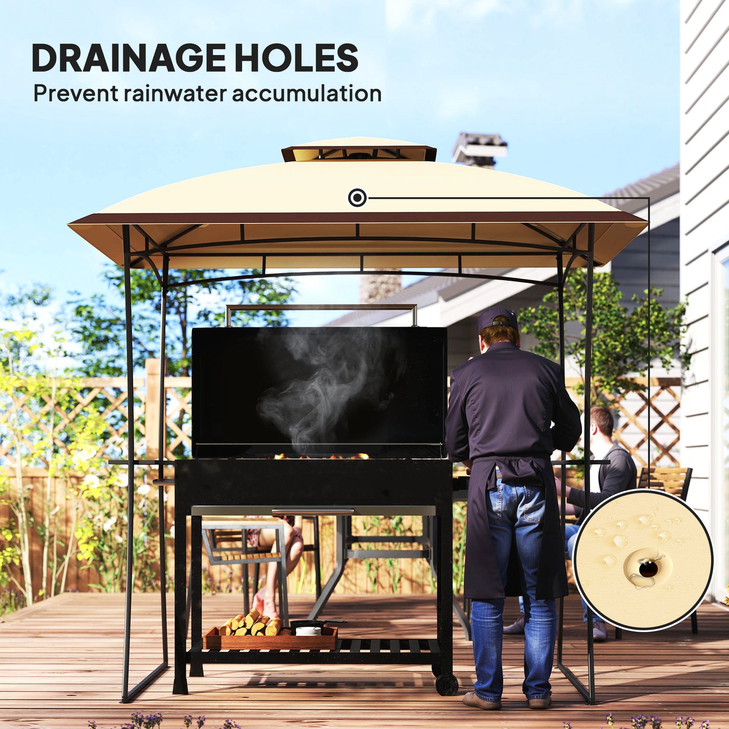 8' x 5' Outdoor Grill Gazebo, Double Tiered Barbecue Grill Gazebo Shelter with 2 Side Shelves and Hook, Beige