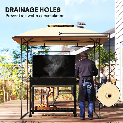 8' x 5' Outdoor Grill Gazebo, Double Tiered Barbecue Grill Gazebo Shelter with 2 Side Shelves and Hook, Beige