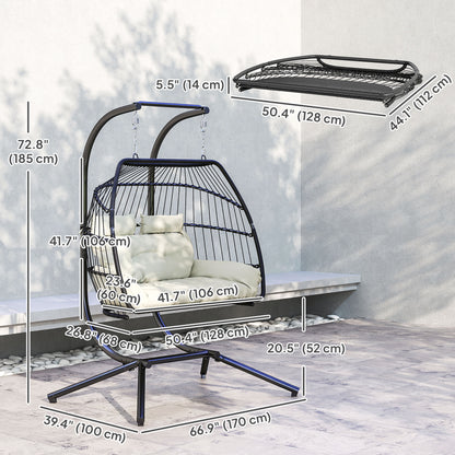 Double Wicker Egg Swing Chair with Stand, Foldable Hanging Egg Chair with UV Resistant Cushion, Headrest, Cream White