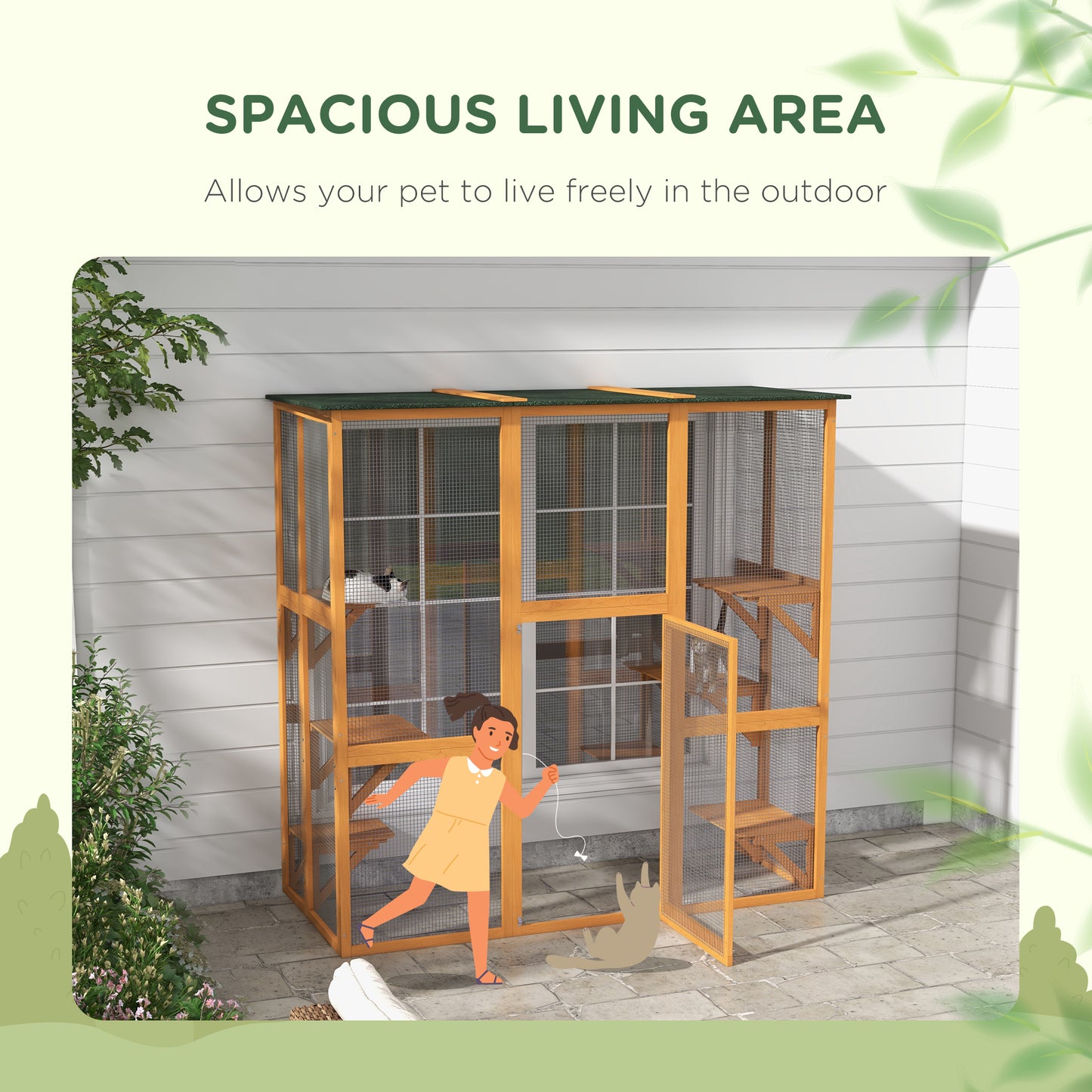 71" x 39" x 71" Cat Cage, Large Outdoor Wooden Cat Patio with 6 Balanced Platforms and Asphalt Roof, Orange