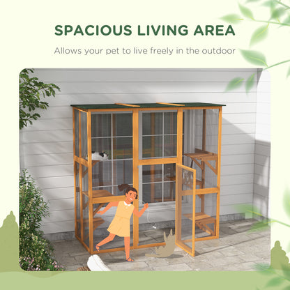71" x 39" x 71" Cat Cage, Large Outdoor Wooden Cat Patio with 6 Balanced Platforms and Asphalt Roof, Orange