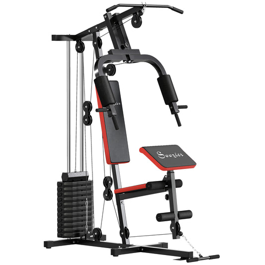 Soozier Home Gym Equipment Weight Training Machine, Multifunction Workout Machine with 143lbs Weight Stack for Full Body Workout and Strength Training, Red