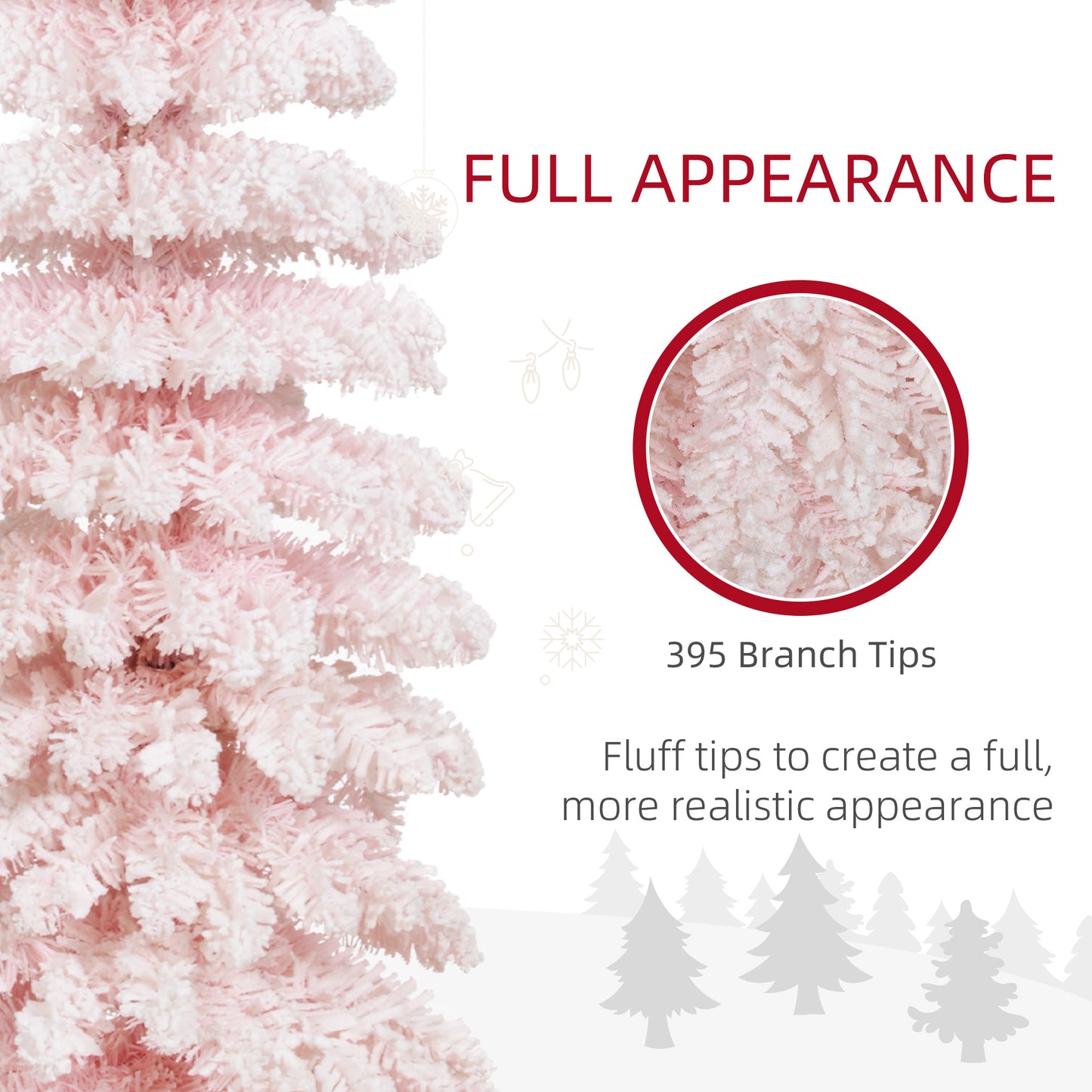 6ft Snow-Flocked Artificial Christmas Tree, Slim Pencil Xmas Tree with 395 Realistic Branches, Metal Base, Pink