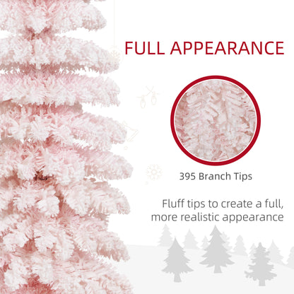6ft Snow-Flocked Artificial Christmas Tree, Slim Pencil Xmas Tree with 395 Realistic Branches, Metal Base, Pink