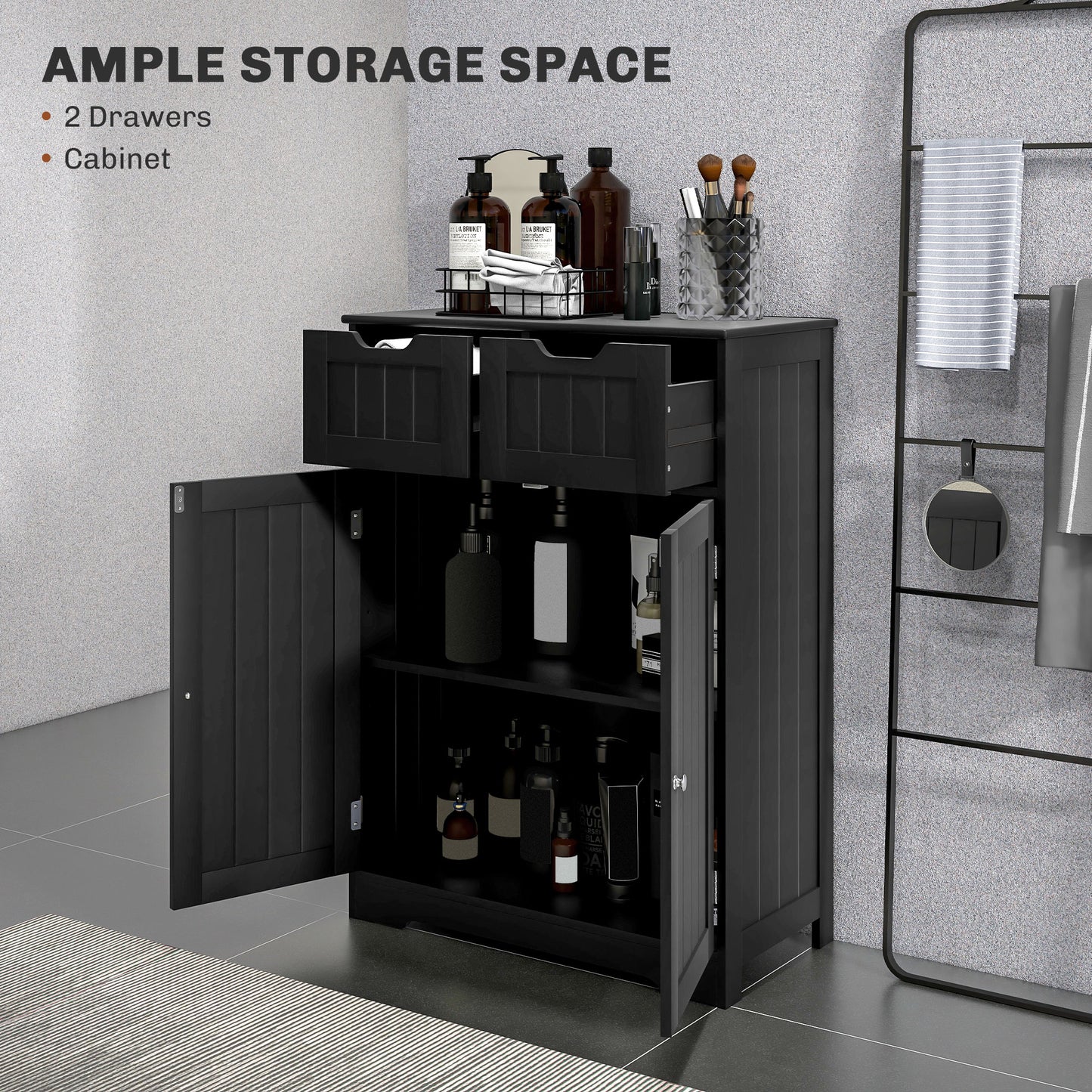 Bathroom Cabinet, Bathroom Storage Cabinet with 2 Drawers, Adjustable Shelf for Living Room, Entryway, Black