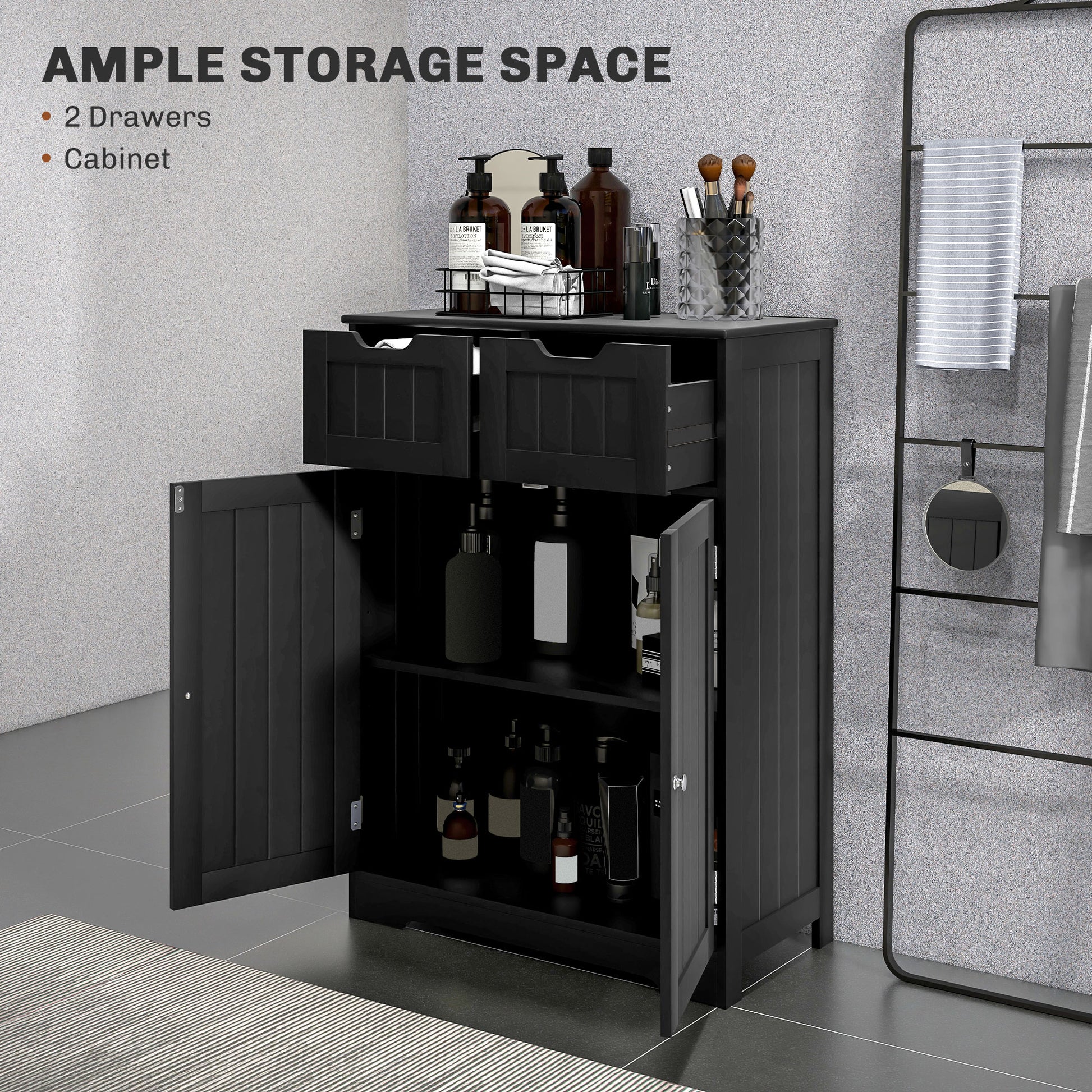 Bathroom Cabinet, Bathroom Storage Cabinet with 2 Drawers, Adjustable Shelf for Living Room, Entryway, Black