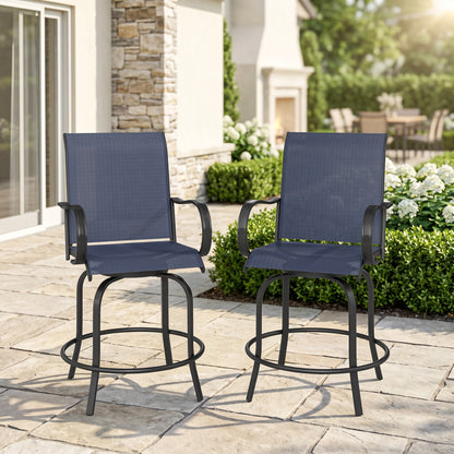 Outdoor Bar Stools Set of 2, 360° Swivel Bar Height Chairs, 26.8" x 29.5" x 48.4", Navy Blue