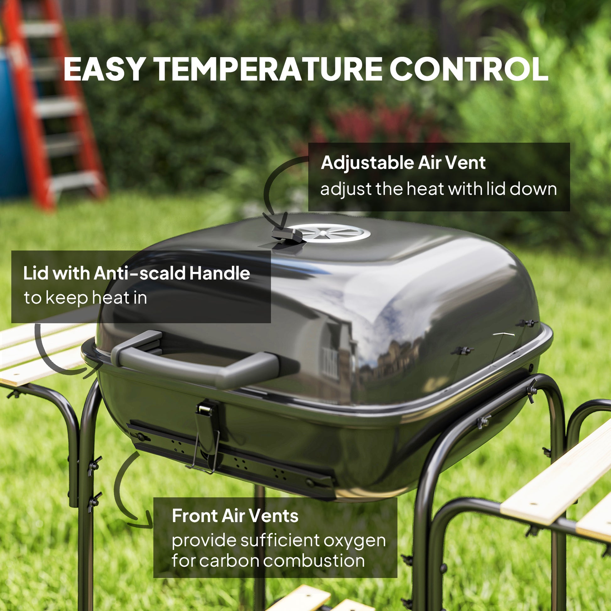 Charcoal BBQ Grill, BBQ Grill with 1840 cm² Cooking Area, 3 Shelves, Adjustable Vent, Lockable Lid, Wheels, Black