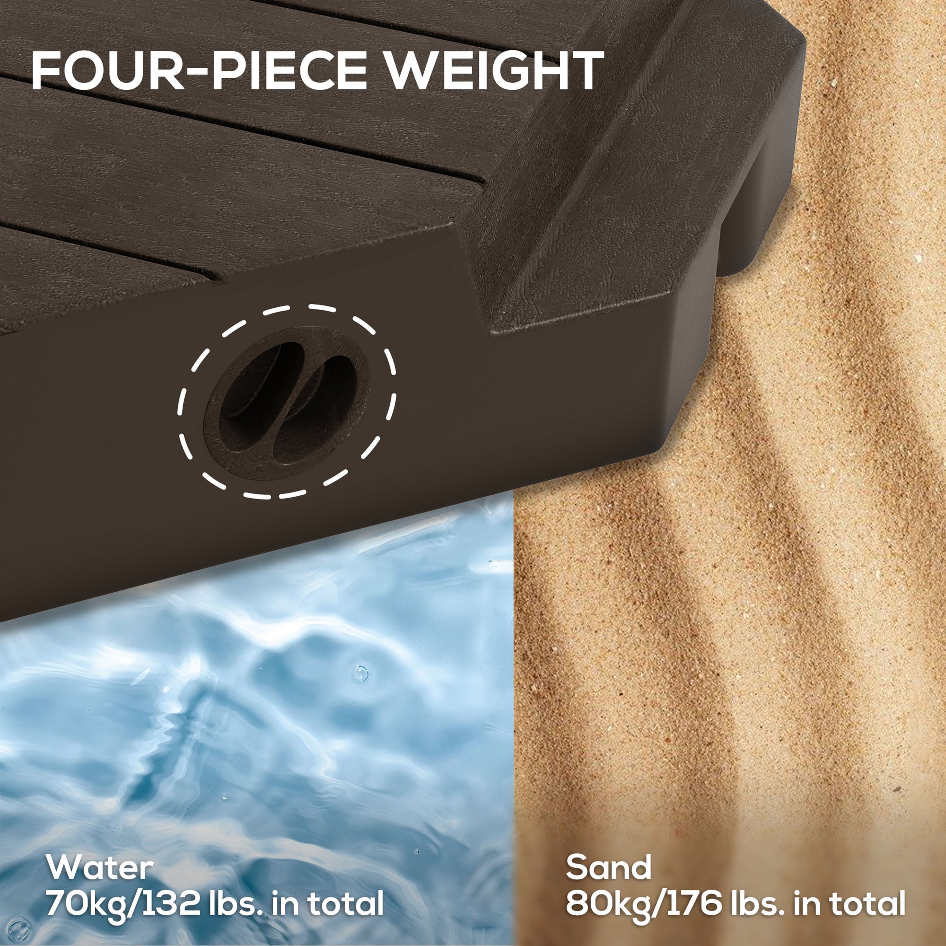 Offset Umbrella Base Outdoor Umbrella Weights, 132 lb. Capacity Water or 176 lb. Capacity Sand, Brown