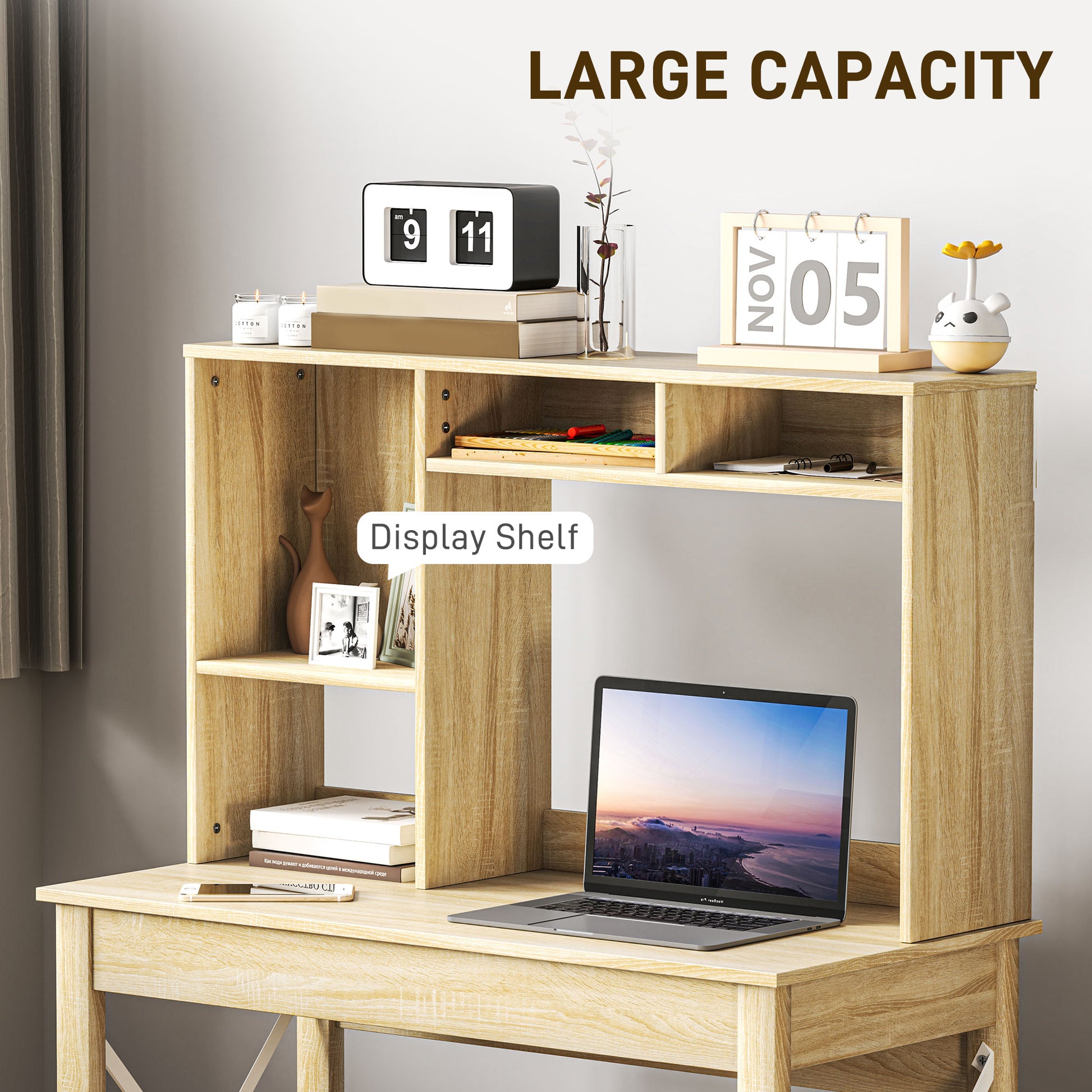 Computer Desk with Hutch, Home Office Table with Storage Shelves and Open Compartments for Writing, Work, Oak