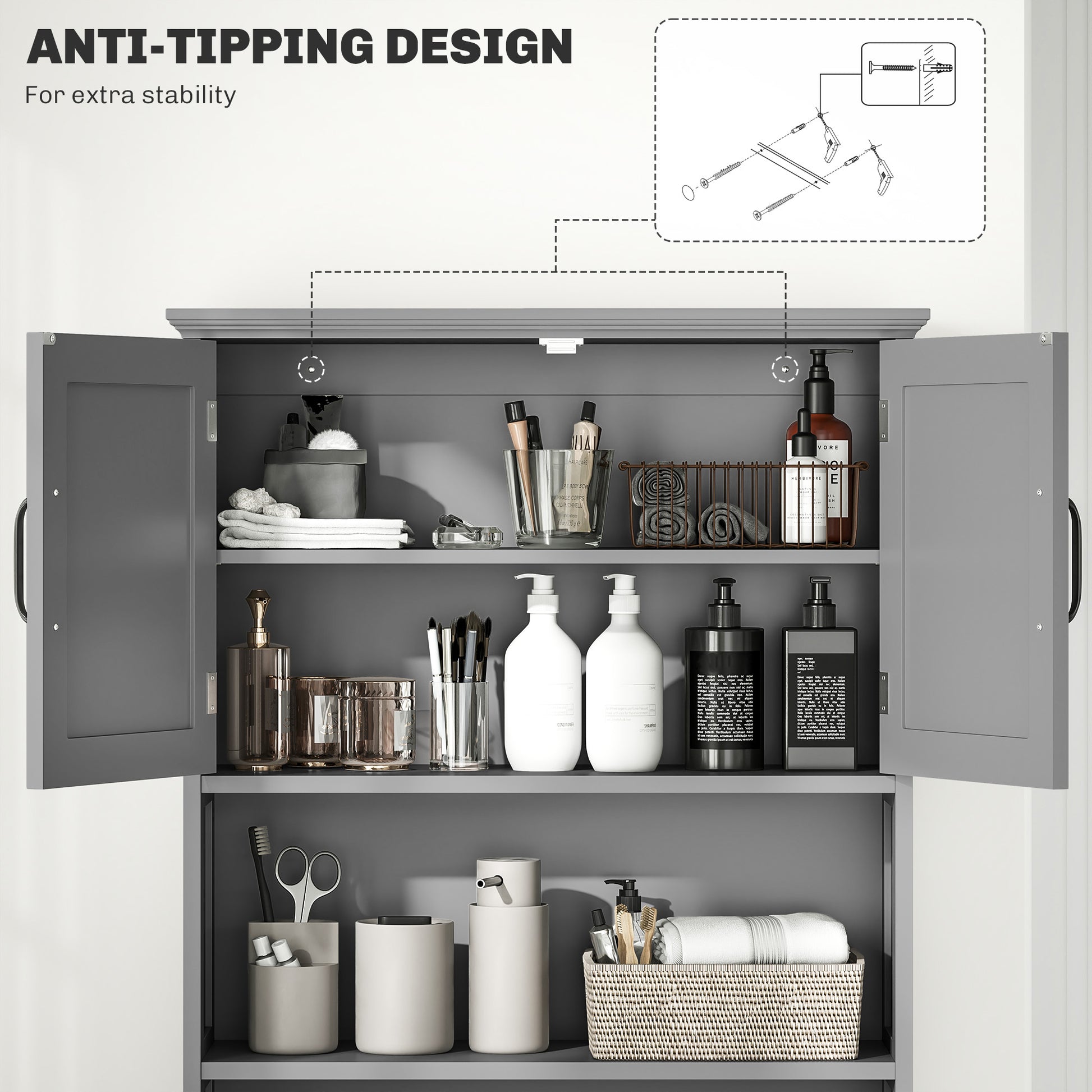 Modern Over The Toilet Storage, Bathroom Cabinets Over Toilet with Open Shelves and Double Door Cabinet, Grey