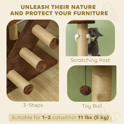 89"-100" Floor to Ceiling Cat Tree with Scratching Post, Cat House, 3-Steps, Hanging Ball, Perches, Anti-tip Kit, Brown