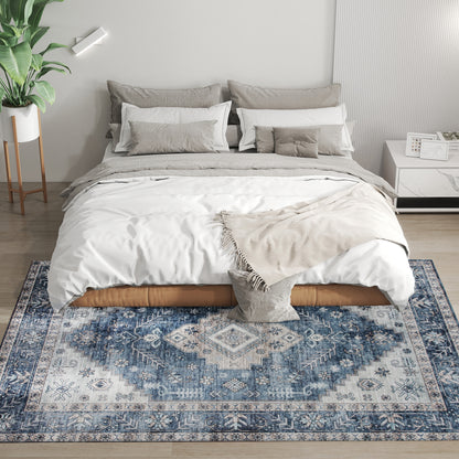 5x7 Area Rug, Vintage Machine Washable Rug, Non-Slip Floor Carpet for Living Room, Bedroom, Dining Room, Blue
