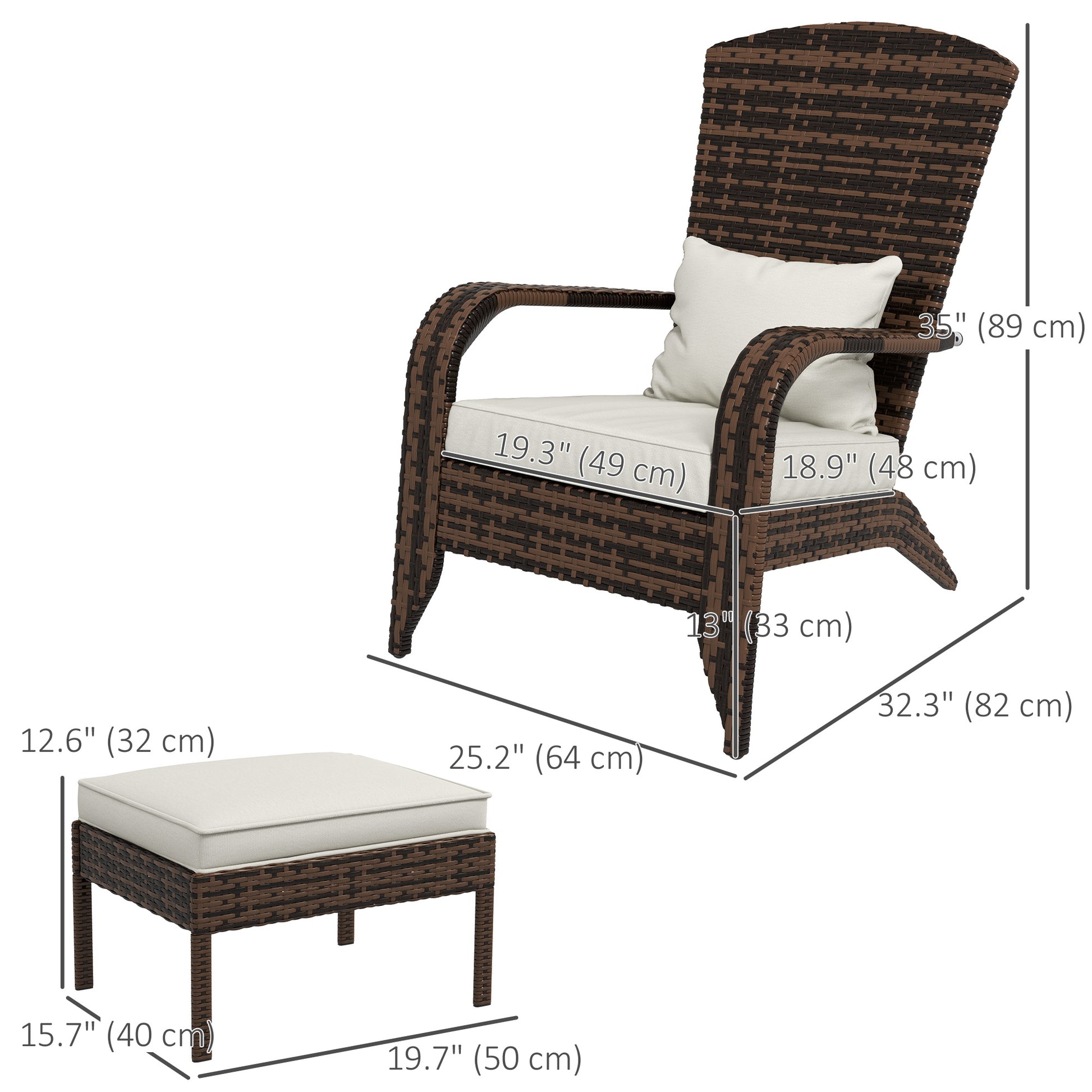 Wicker Adirondack Chair with Ottoman, Patio Cushioned Muskoka Chair with Armrests Brown/Cream White