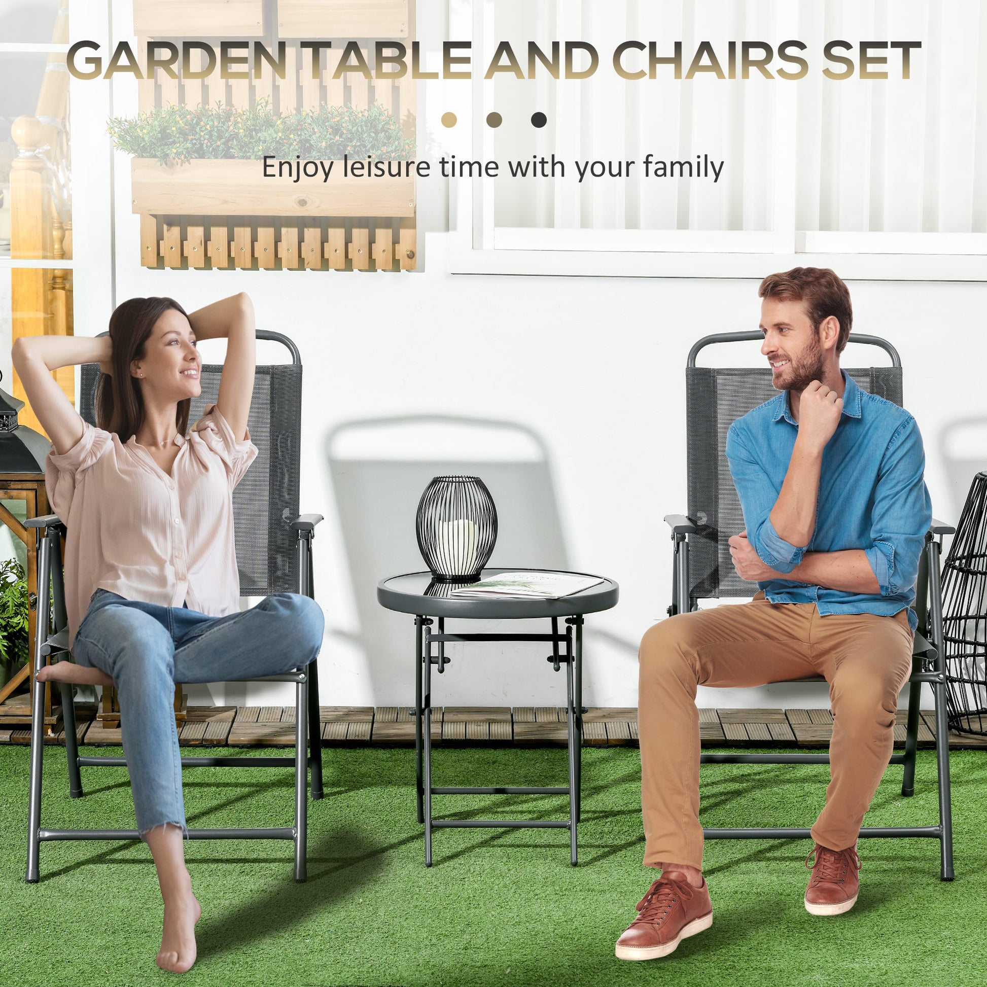 3 Pieces Bistro Set, Foldable Patio Furniture Set with Mesh Chairs, Glass Table for Garden, Balcony, Charcoal Grey