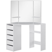 Corner Dressing Table, Makeup Desk with 3-piece Mirror and 5 Drawers, White