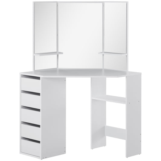Corner Dressing Table, Makeup Desk with 3-piece Mirror and 5 Drawers, White