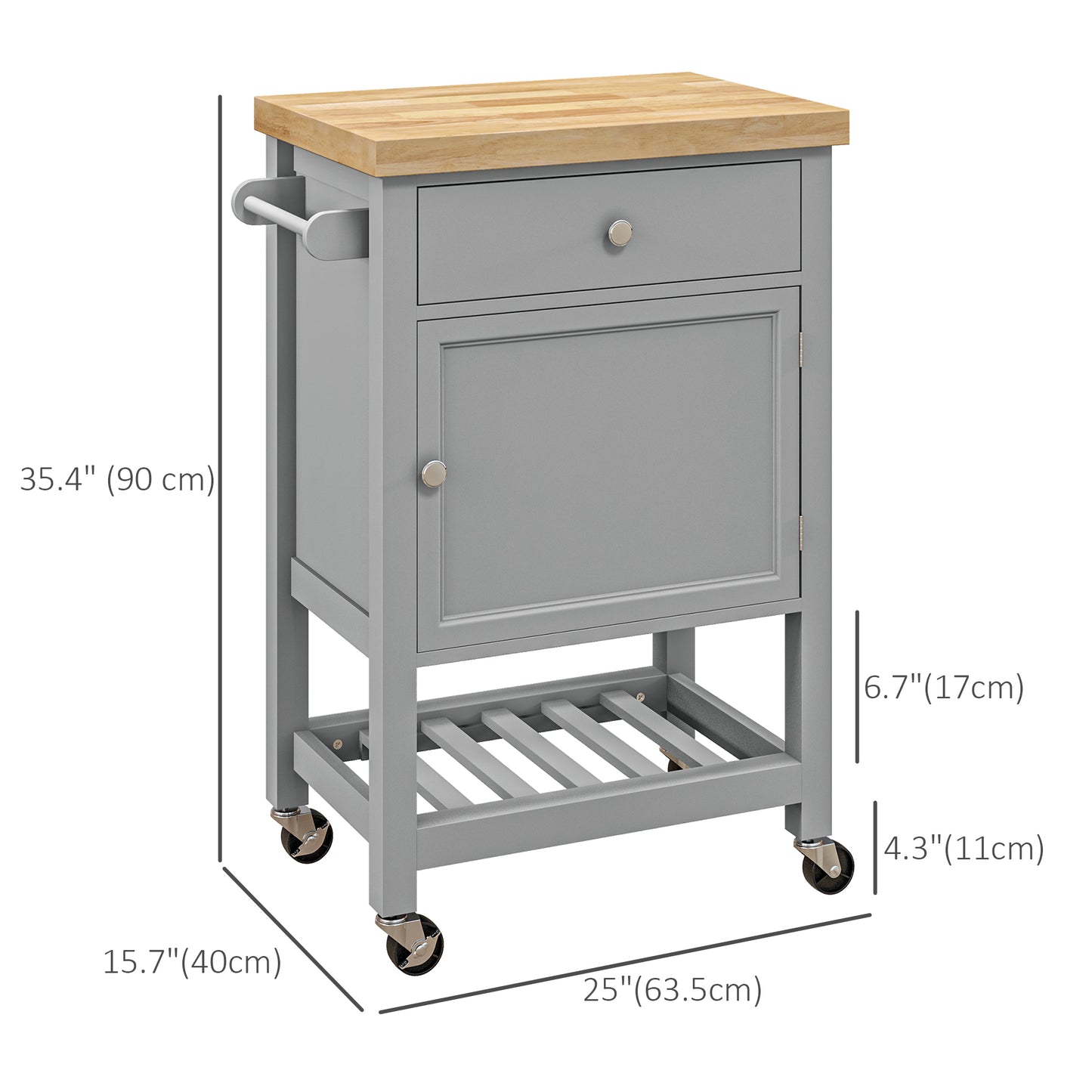 Kitchen Cart on Wheels, Rolling Kitchen Island Cart with Wood Top, Towel Rack, Drawer and Shelf for Dining Area, Grey