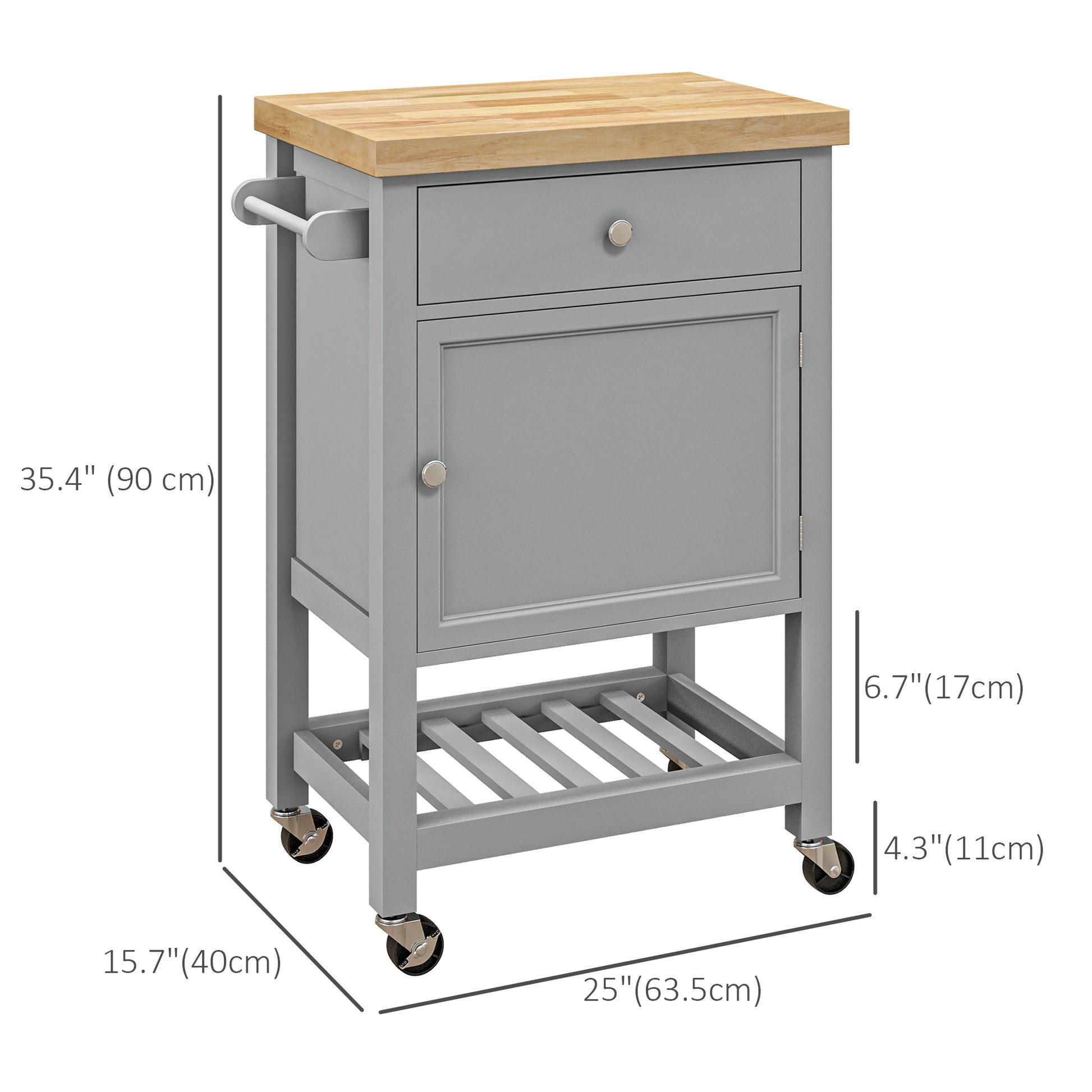 Kitchen Cart on Wheels, Rolling Kitchen Island Cart with Wood Top, Towel Rack, Drawer and Shelf for Dining Area, Grey