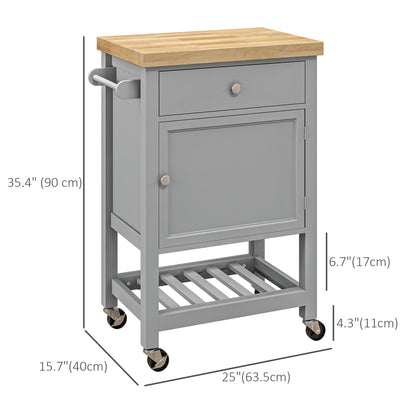 Kitchen Cart on Wheels, Rolling Kitchen Island Cart with Wood Top, Towel Rack, Drawer and Shelf for Dining Area, Grey