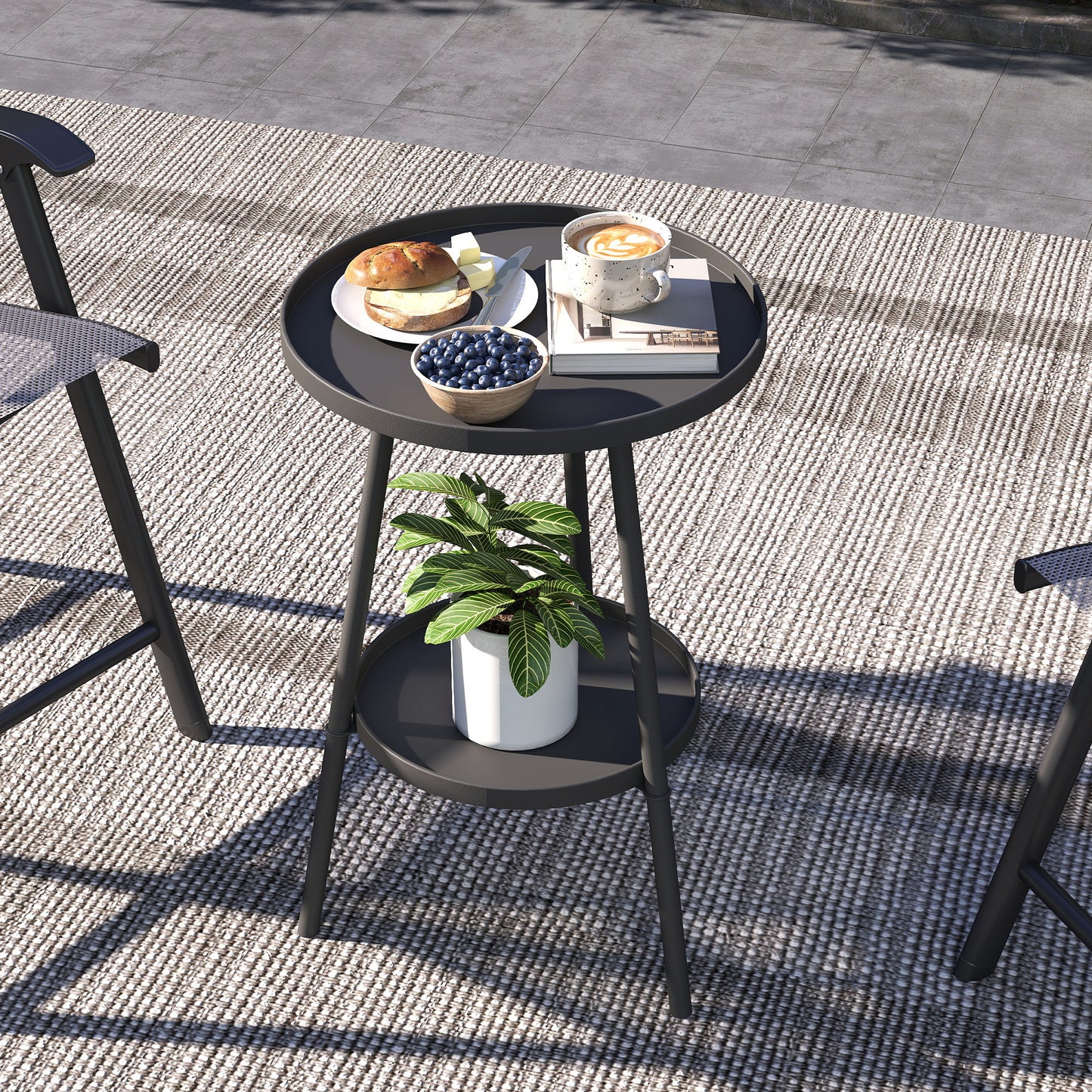 Round Garden Table, 2-Tier Small Side Table, Metal Patio Table Coffee Table Dining Table, Black