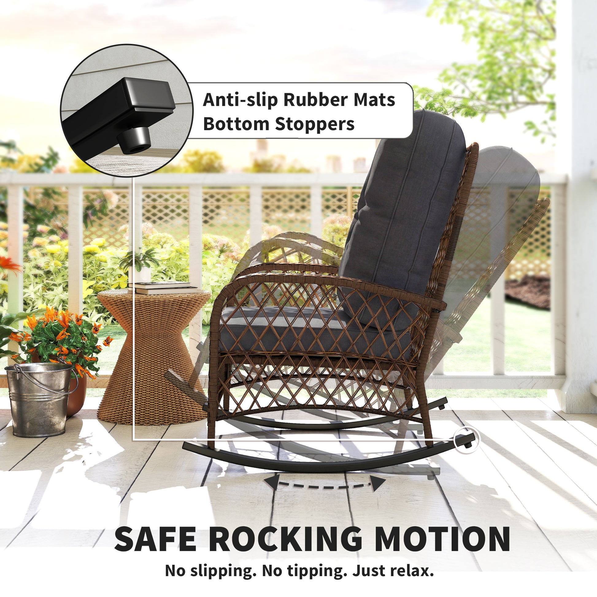 Outdoor Wicker Rattan Rocking Chair Patio Rocker with Thick Cushions for Garden Backyard Porch, Black