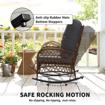 Outdoor Wicker Rattan Rocking Chair Patio Rocker with Thick Cushions for Garden Backyard Porch, Black