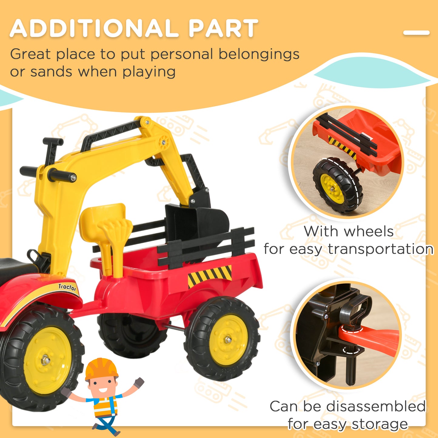 Aosom Ride on Toy Dump Truck for Kids, Pedal Construction Car with Detachable Trailer for 3 Year Old, Red