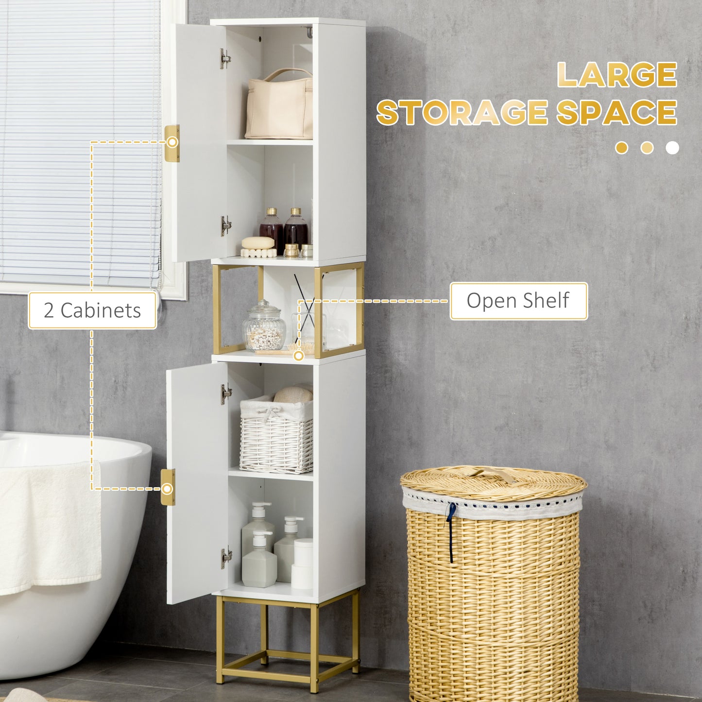 Tall Bathroom Storage Cabinet, Modern Narrow Bathroom Cabinet with Diamond Chevron Pattern and Adjustable Shelf, White