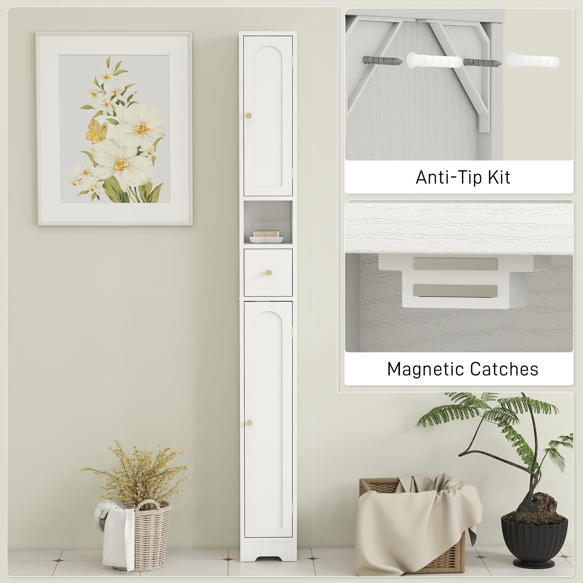 Tall Bathroom Cabinet, Modern Slim Bathroom Storage with Arched Doors, Drawer and Open Shelf, Narrow Storage, White