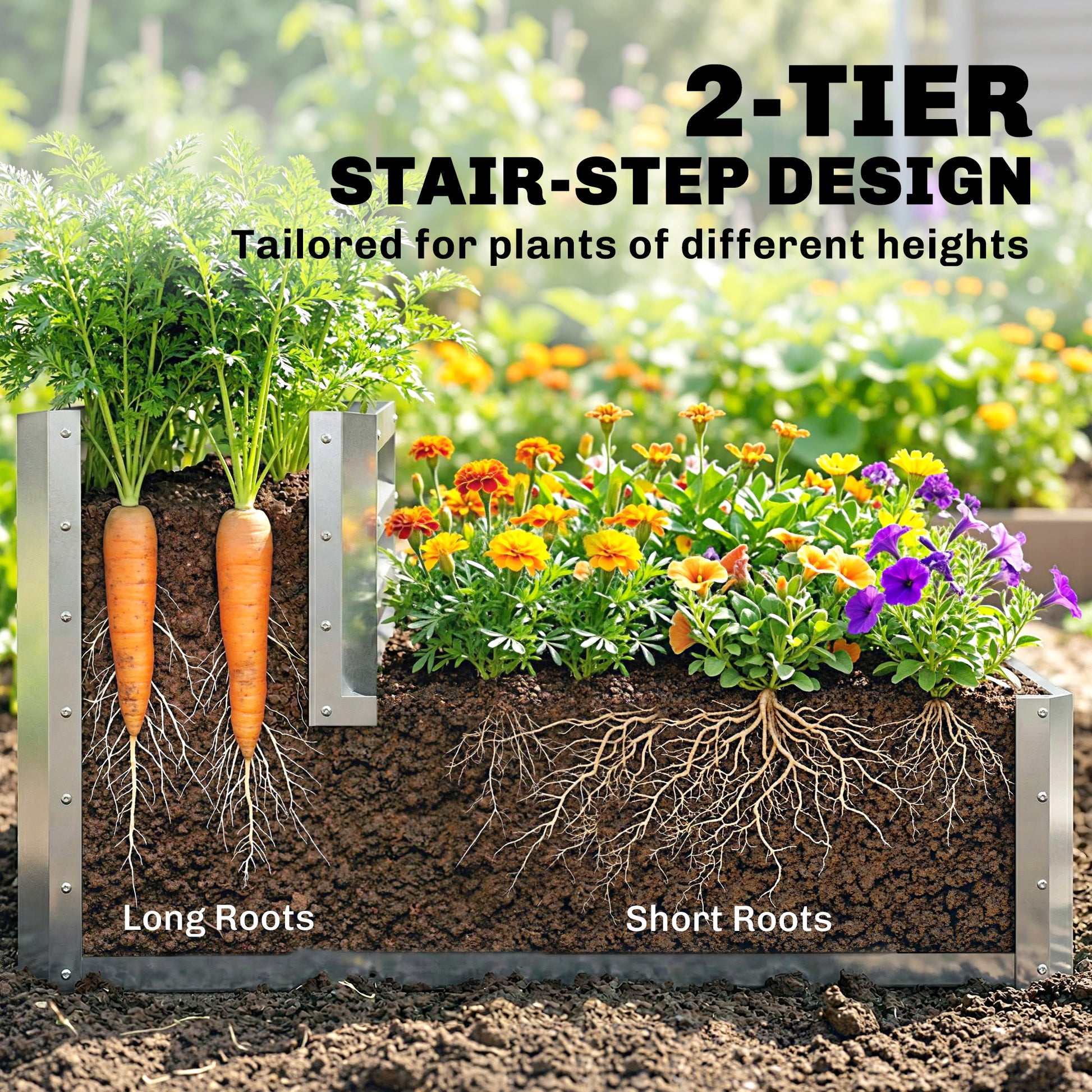 2 Tier Galvanized Raised Garden Bed, Steel Planter Box for Vegetables, Flowers, Herbs, 47" x 40" x 23", Silver