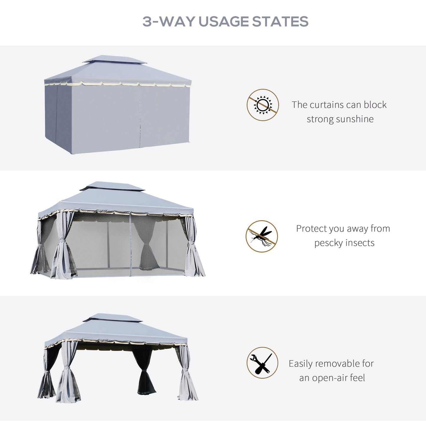 13' x 10' Patio Gazebo Canopy with 2-Tier Polyester Roof, Vented Mesh Sidewall & Strong Aluminum Frame, Grey