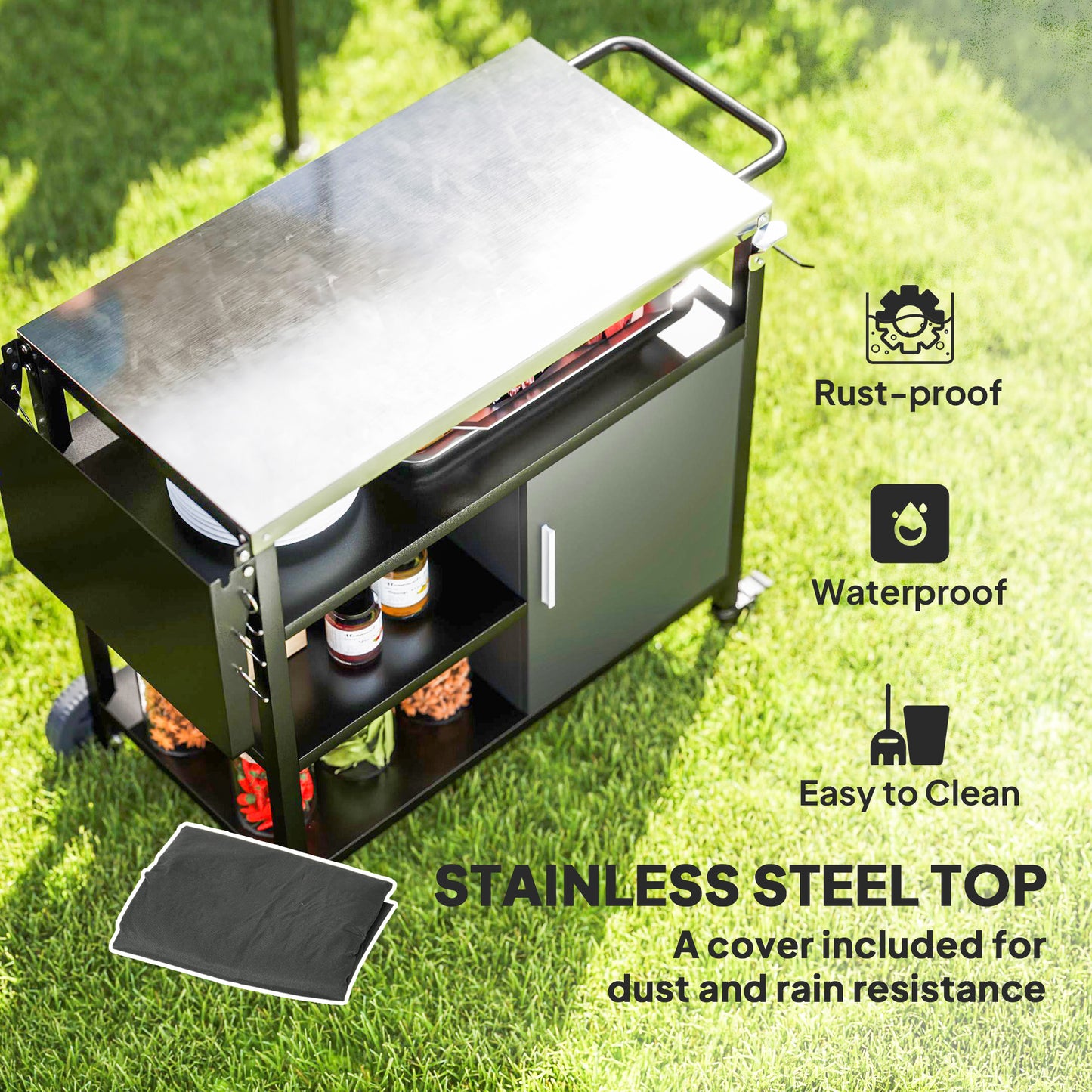 Outdoor BBQ Stand with Foldable Side Table, Stainless Steel Top, Pizza Oven Table with Wheels Hooks Shelves