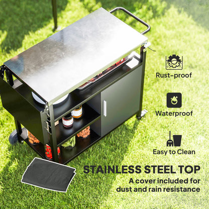 Outdoor BBQ Stand with Foldable Side Table, Stainless Steel Top, Pizza Oven Table with Wheels Hooks Shelves