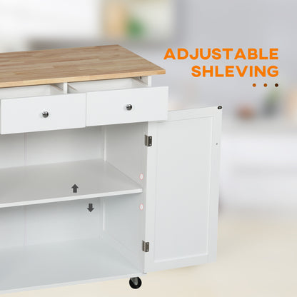 Rolling Kitchen Island with Storage, Kitchen Cart with Rubber Wood Top, Adjustable Shelf, Towel Rack, Hooks and Storage Drawers, White