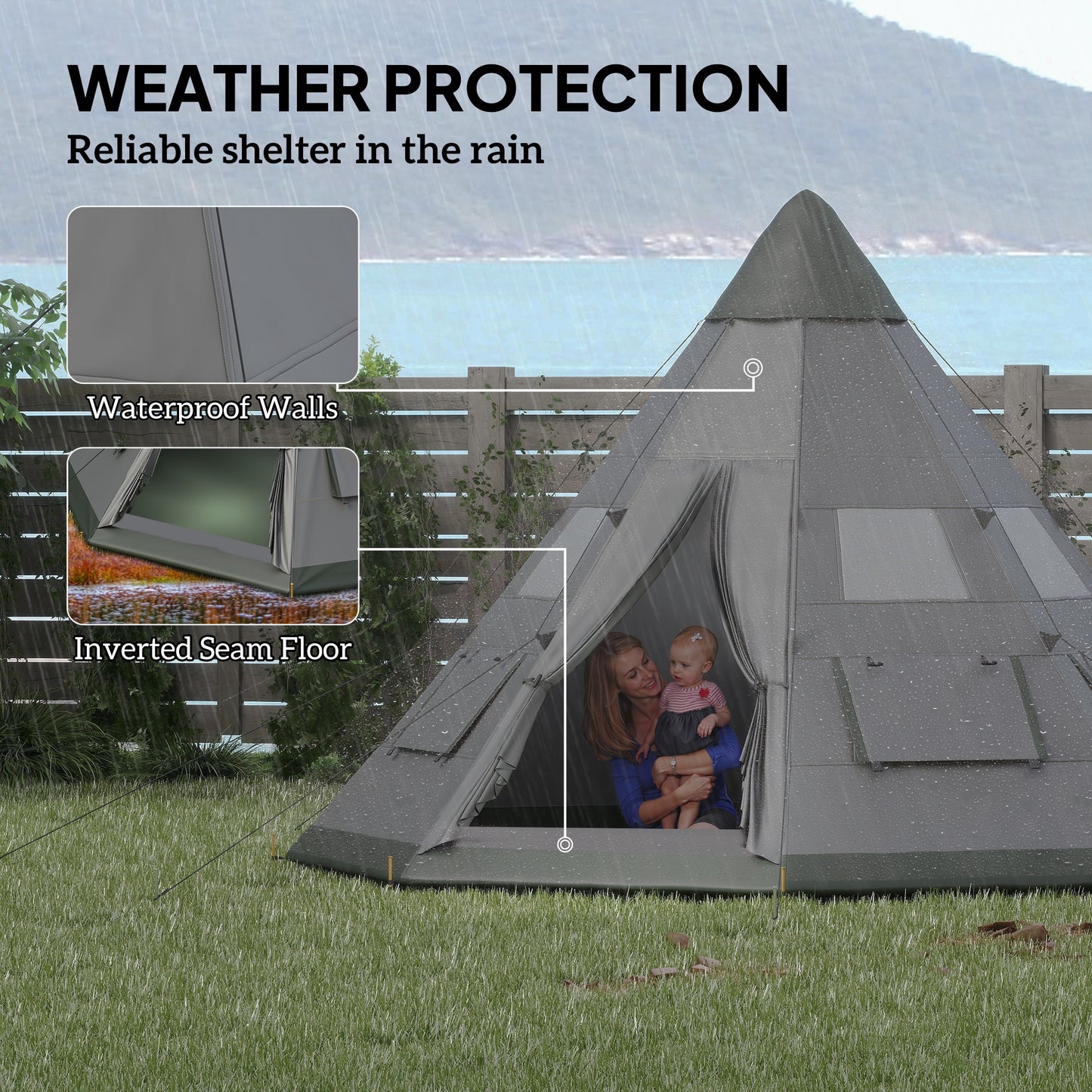 6 People Camping in a Family Teepee Tent with Mesh Windows, Tent Floor, Door and Carry Bag for Hiking, Picnic, Grey