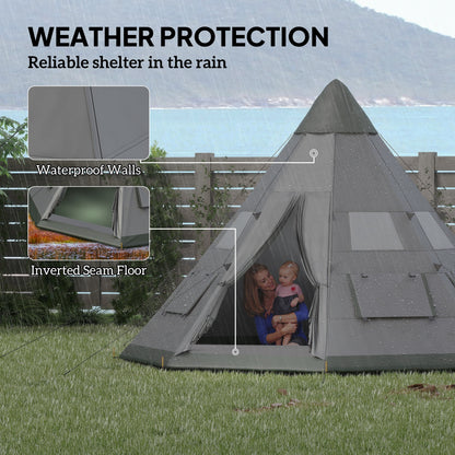 6 People Camping in a Family Teepee Tent with Mesh Windows, Tent Floor, Door and Carry Bag for Hiking, Picnic, Grey