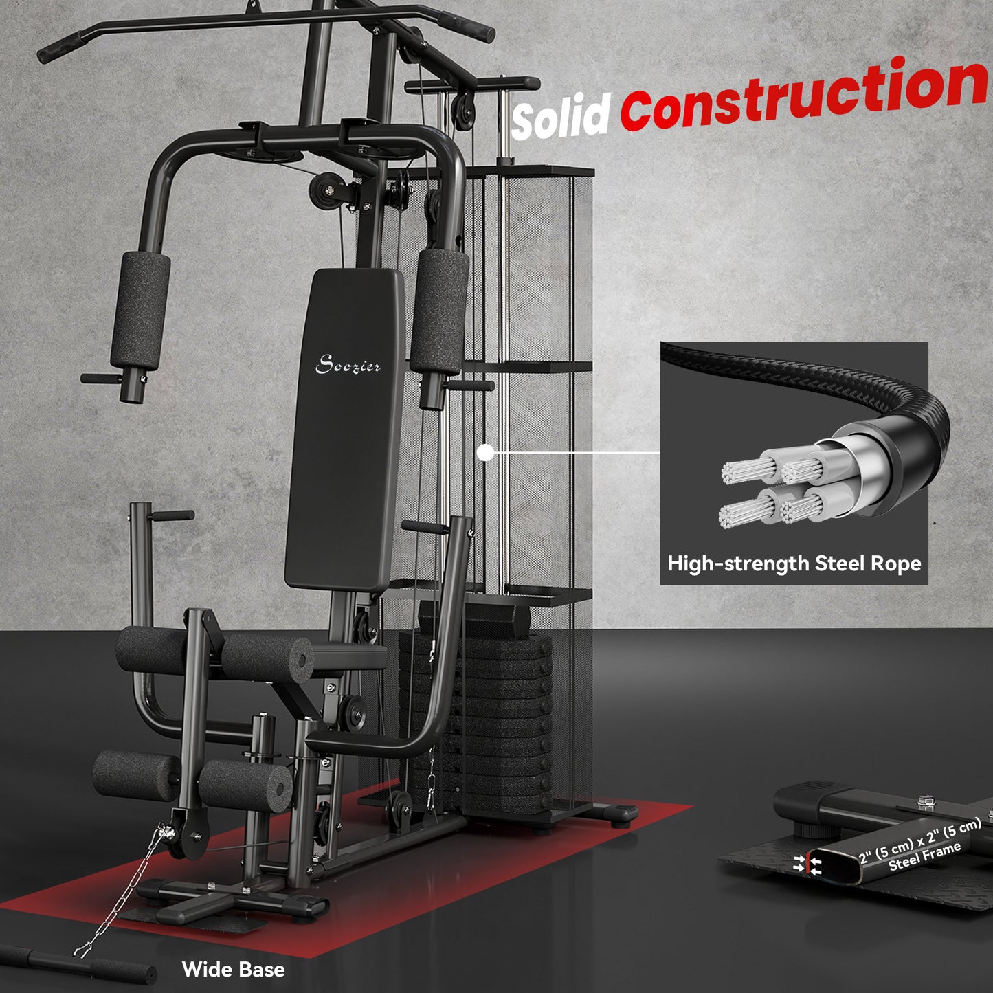 Soozier Home Gym, Multifunction Gym Equipment Workout Station with 100Lbs Weight Stack for Lat Pulldown, Leg Extensions, Preacher Bicep Curls, Triceps Pulldowns, Chest Press, Black