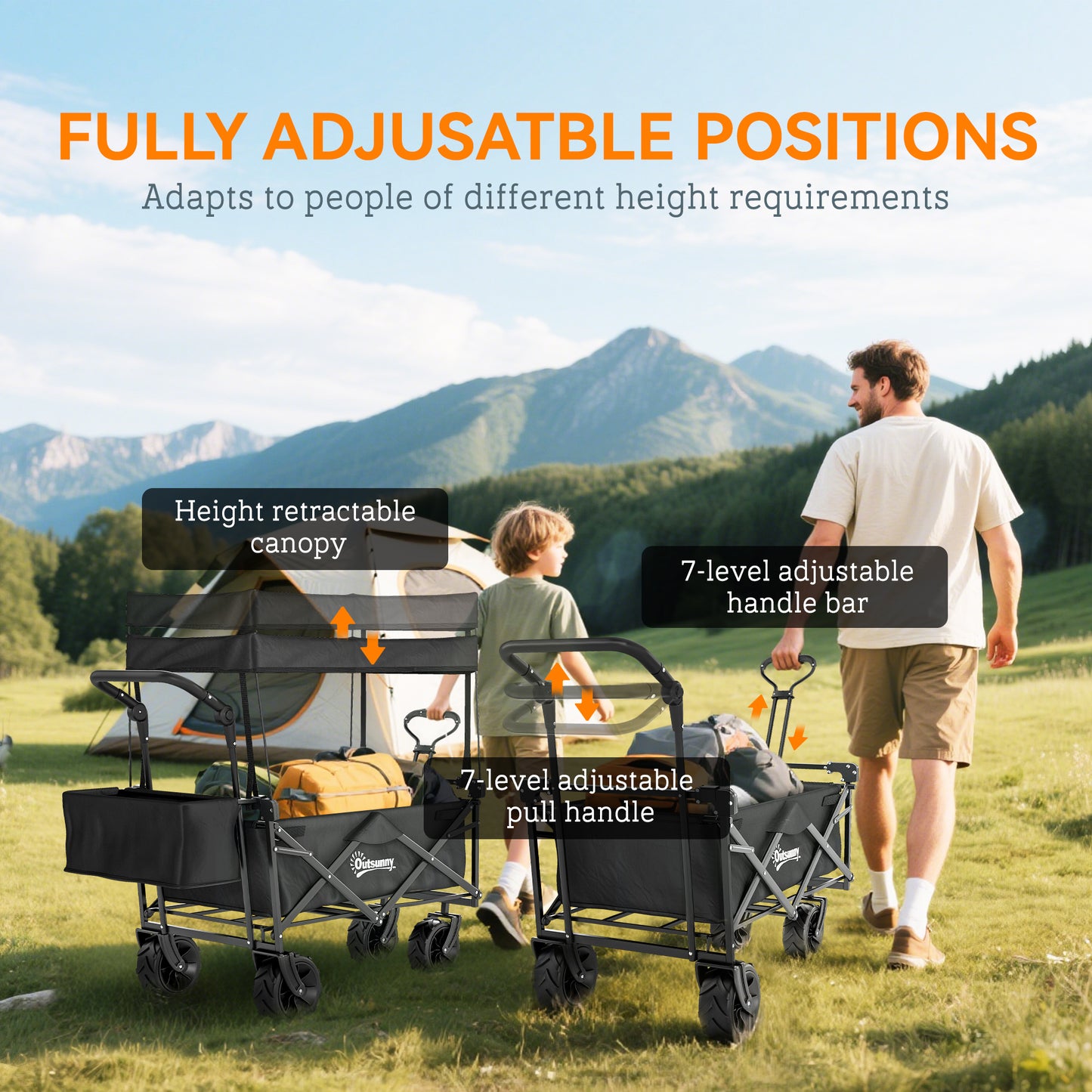 80L Folding Wagon Cart with Wheels, Heavy-Duty Collapsible Wagon with Removable Canopy, Adjustable Handle, Black