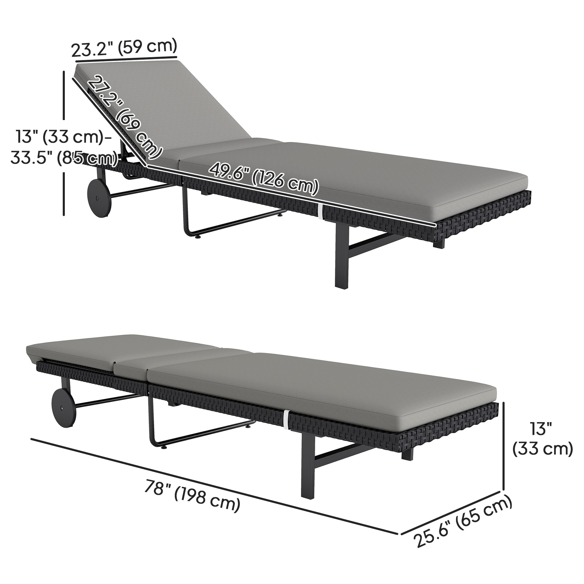 PE Rattan Tanning Chair, Outdoor Patio Lounger with 5-Level Adjustable Back, Wheels and Cushion, Grey