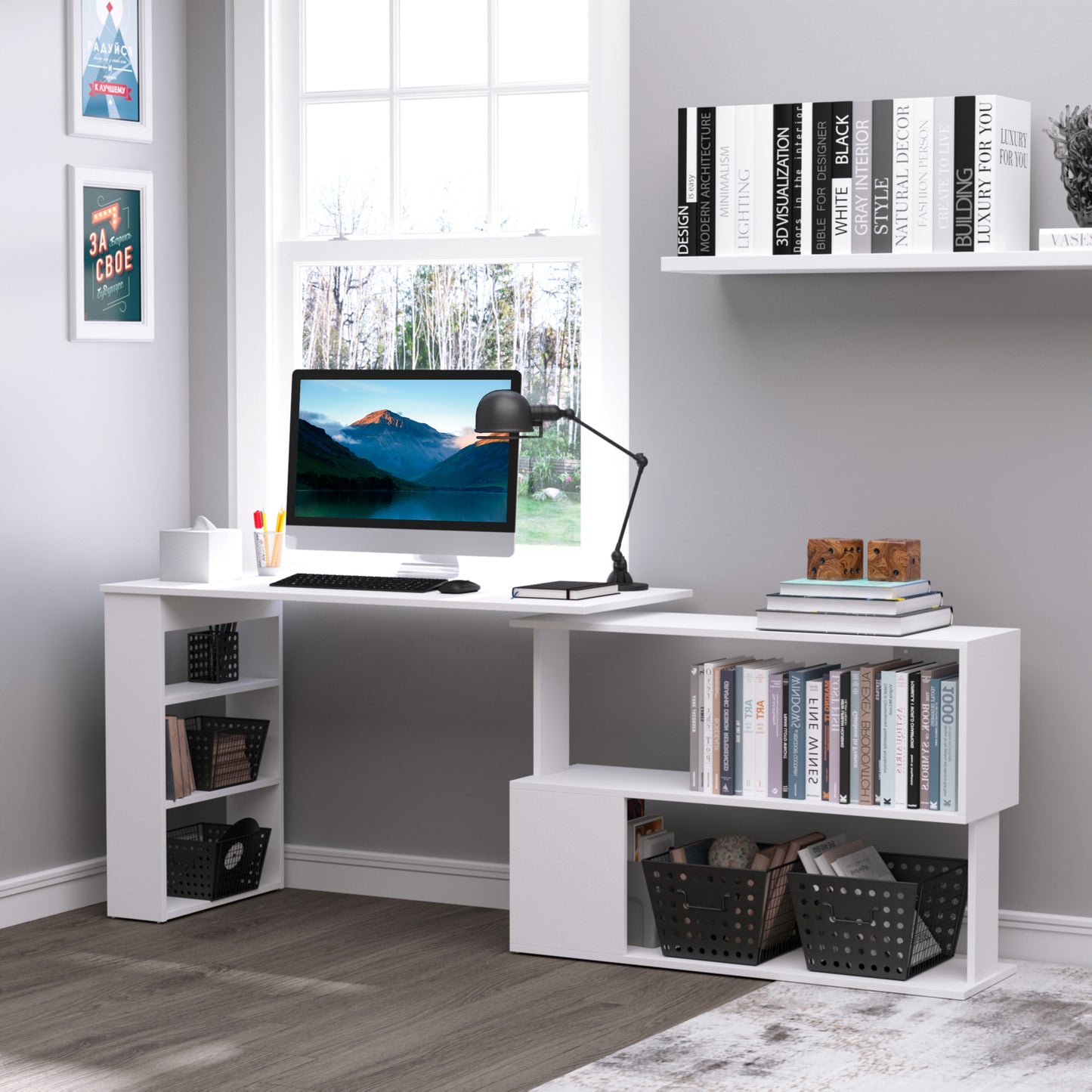 47" L Shaped Desk, 360° Rotating Corner Desk, Reversible Computer Writing Table Workstation with Storage Shelf for Home Office, White