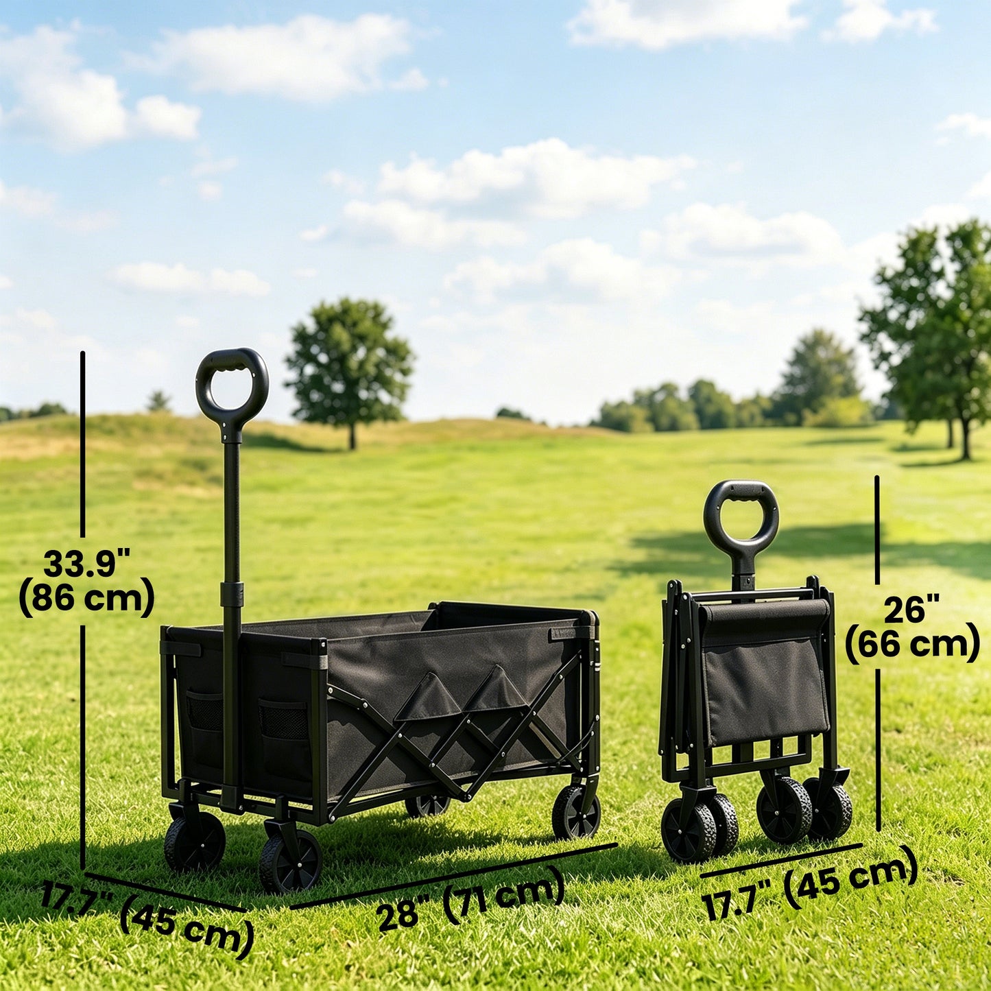 16 Gallon Folding Wagon Cart with Wheels, Heavy-Duty Collapsible Wagon with Drop-Down Tailgate, Black