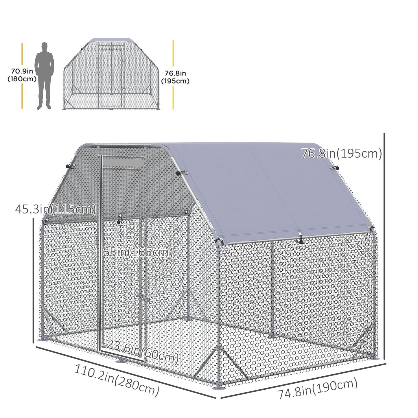 Chicken Run, Galvanized Large Metal Chicken Coop Cage, Walk-in Enclosure Poultry Hen Run House Playpen Rabbit Hutch with Flat Roof, Cover, 9.2' x 6.2' x 6.5', Silver