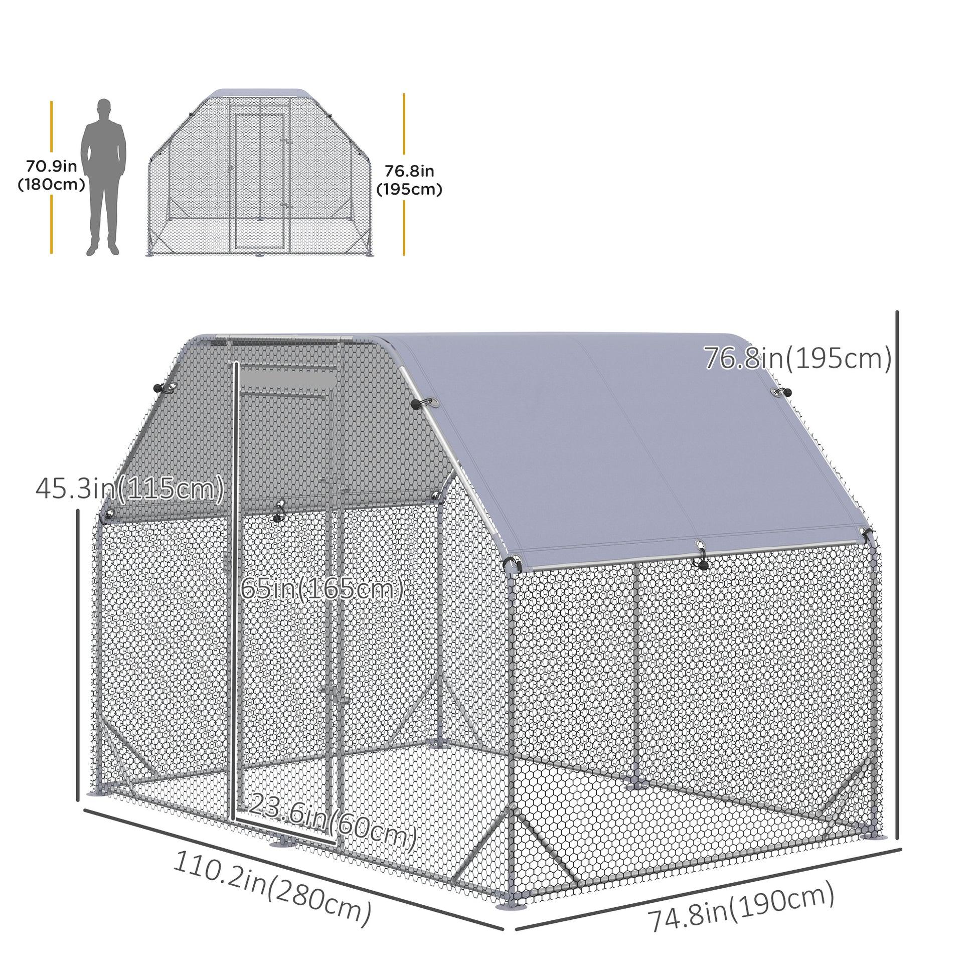 Chicken Run, Galvanized Large Metal Chicken Coop Cage, Walk-in Enclosure Poultry Hen Run House Playpen Rabbit Hutch with Flat Roof, Cover, 9.2' x 6.2' x 6.5', Silver