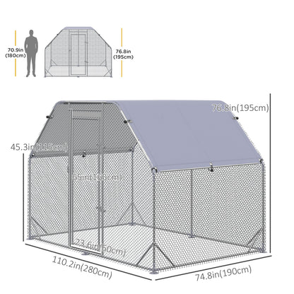 Chicken Run, Galvanized Large Metal Chicken Coop Cage, Walk-in Enclosure Poultry Hen Run House Playpen Rabbit Hutch with Flat Roof, Cover, 9.2' x 6.2' x 6.5', Silver