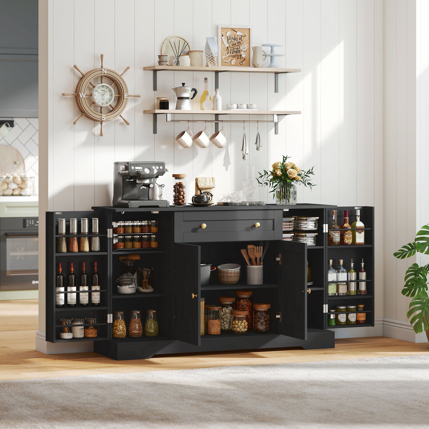 Sideboard Buffet Cabinet, Farmhouse Coffee Bar Cabinet with Door Shelves, Adjustable Shelves, Drawer, Barn Doors, Black